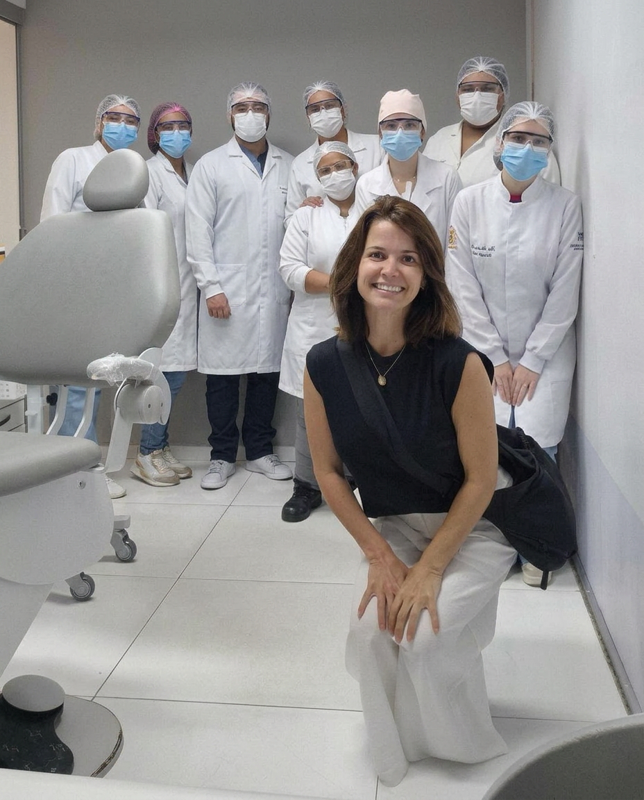 Equipe em consultório odontológico reunida com a mentora durante mentoria