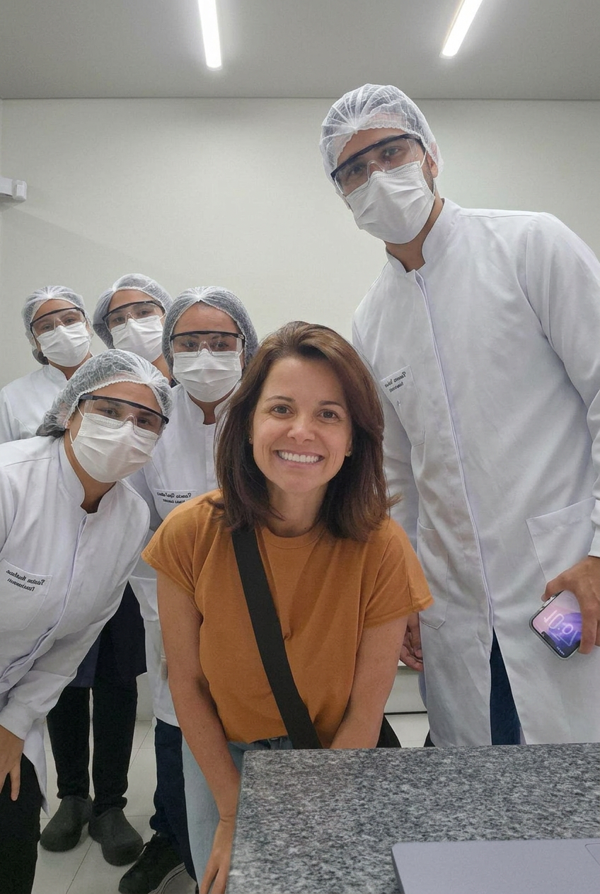 Equipe de clínica reunida com a mentora durante treinamento