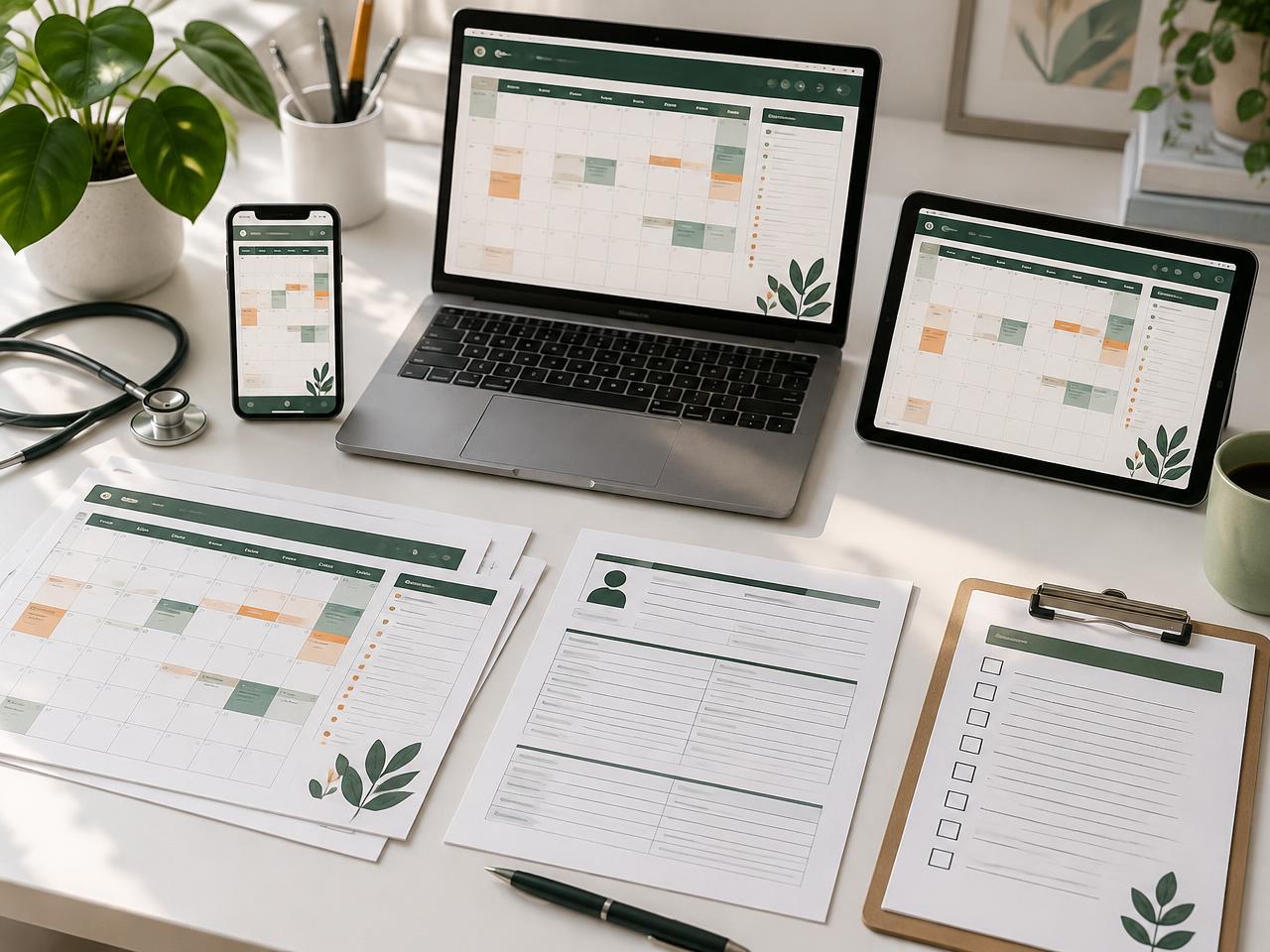 Computador, tablet e celular com o mesmo planner de calendário, ao lado de planner, prontuário e checklist impressos