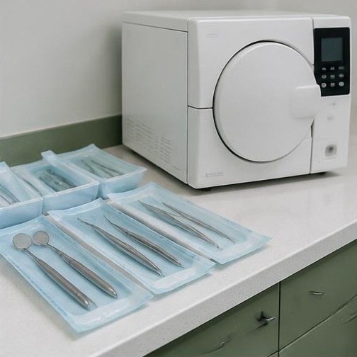 Instrumentais embalados e autoclave, em cena ilustrativa