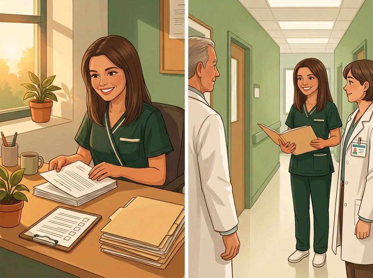 Ilustração em dois quadros: Laila revisa documentos e checklists em sua mesa e, ao lado, recebe dois profissionais de jaleco branco em um corredor de clínica