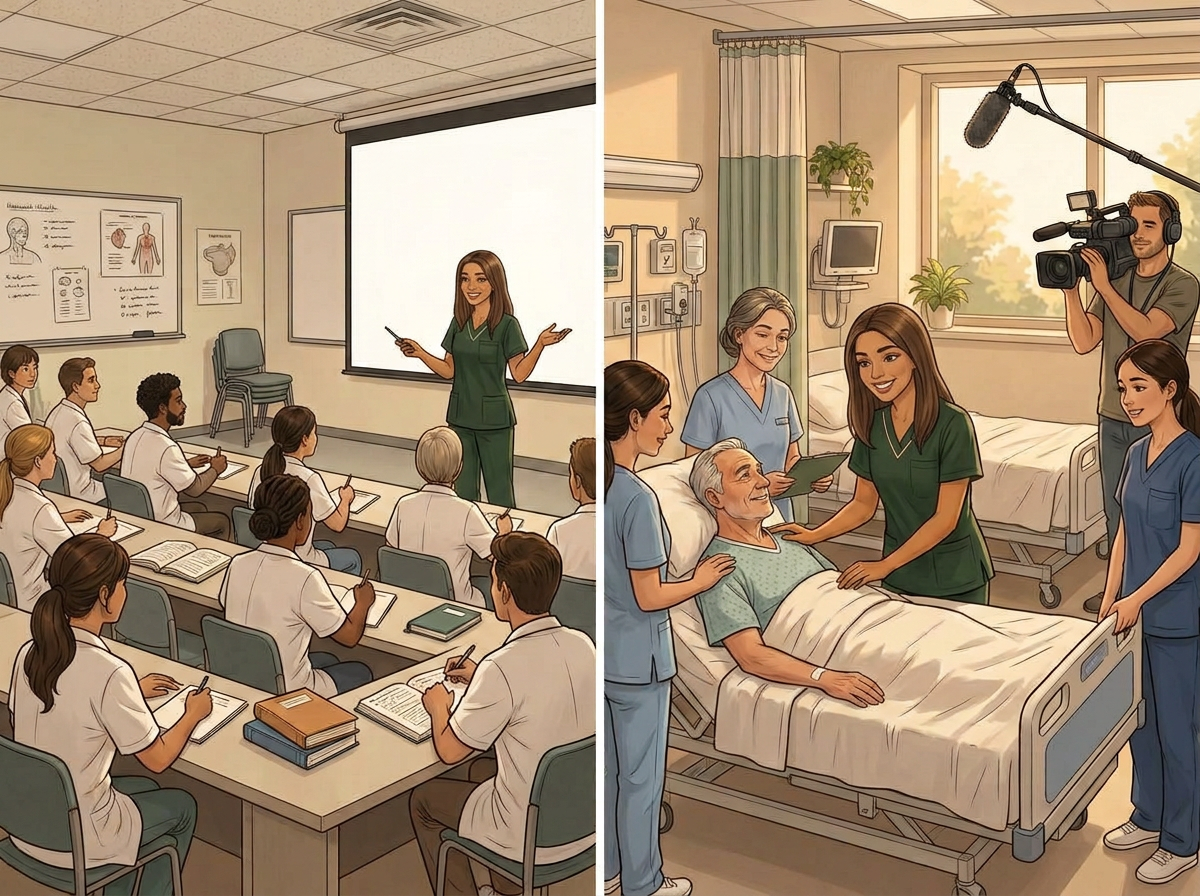 Ilustração em dois quadros: Laila dando aula a técnicos de enfermagem e, ao lado, cuidando de um paciente com a equipe enquanto uma equipe de TV filma